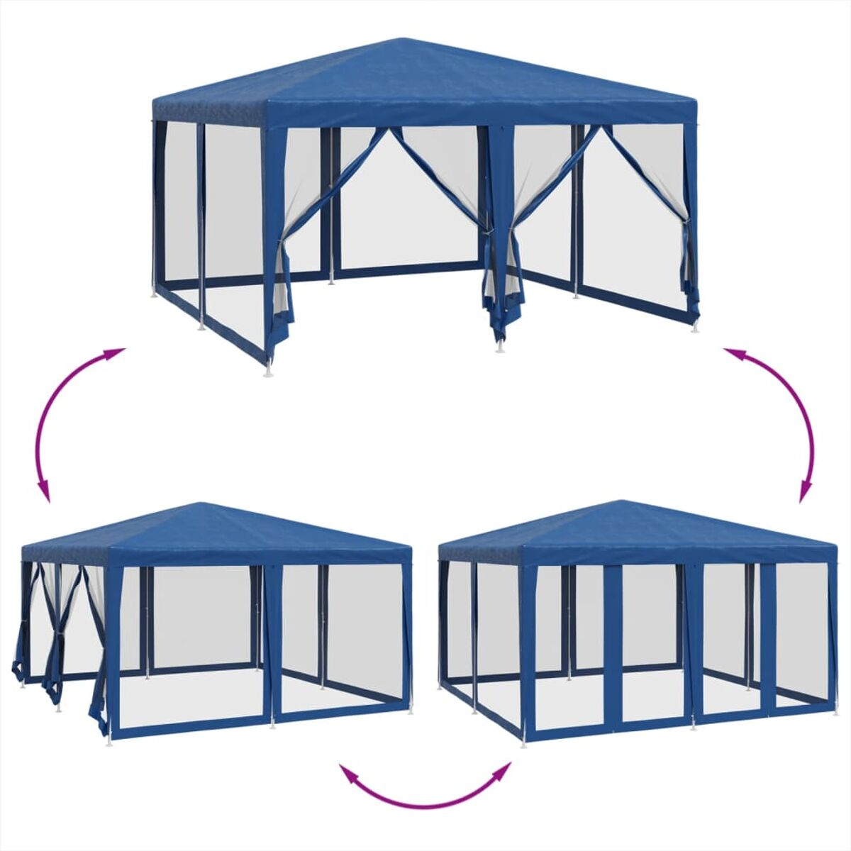 Gazebo blu con tende bianche, mostrato in tre forme diverse, collegate da frecce.