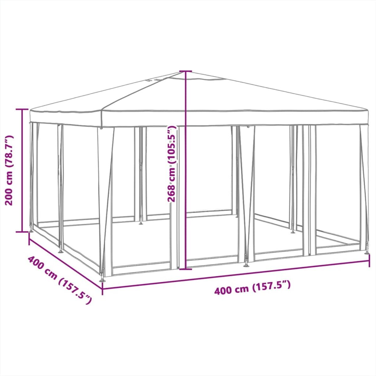 Un gazebo bianco con dimensioni. È una struttura a forma di tenda bianca con misure in cm.