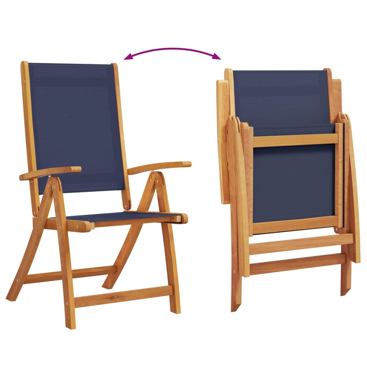 Una sedia pieghevole in legno è mostrata aperta e piegata. Ha seduta e schienale in tessuto blu.