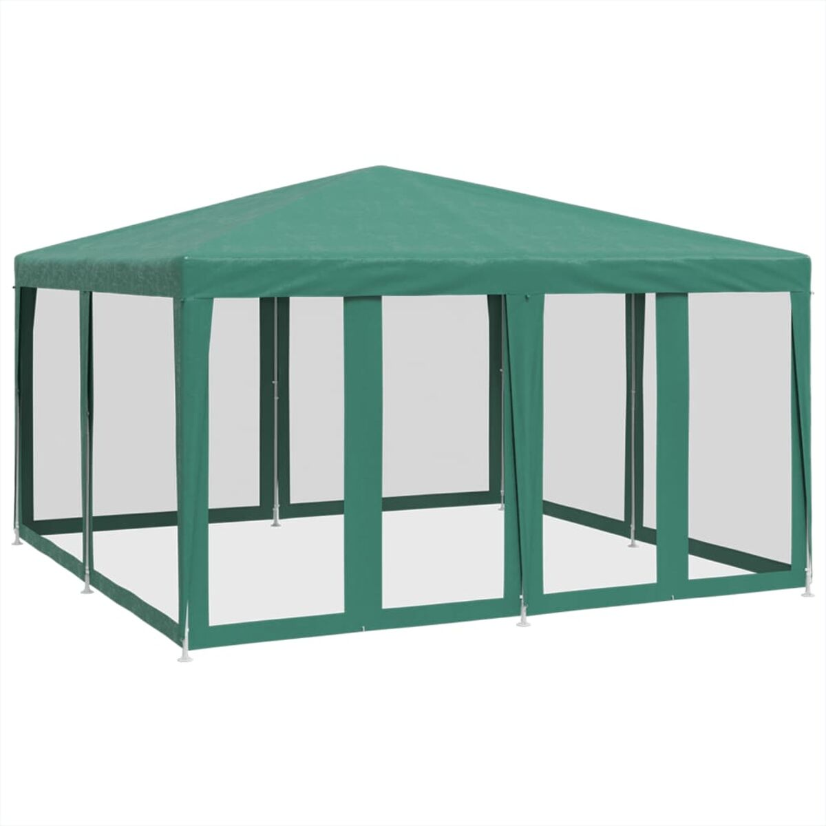Gazebo verde con pareti trasparenti. Struttura bianca e tetto a punta.