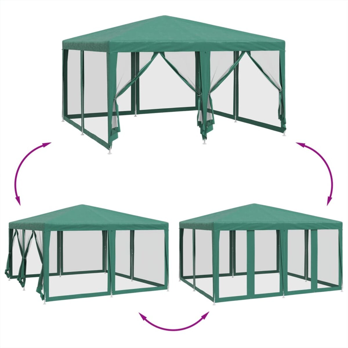 Gazebo verde con tre viste, supportato da pali, con pannelli a rete.