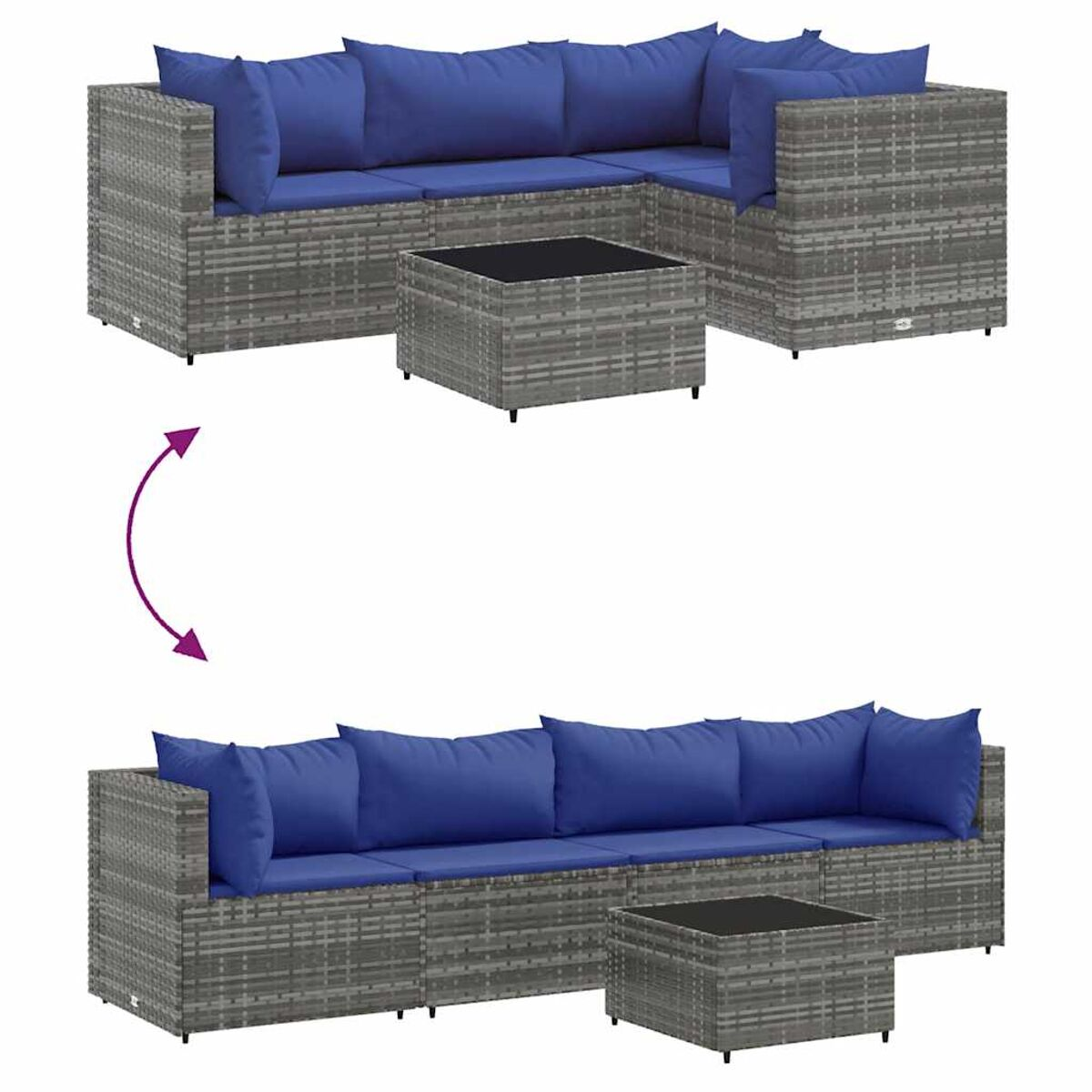 Modulares Rattan-Sofaset, wandelbar von L-Form zu linear, mit blauen Kissen, grauem Rahmen.