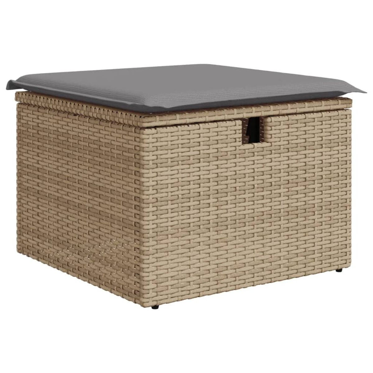 Scatola portaoggetti in rattan beige con un cuscino grigio sopra. Dettagli maniglia e rivetti.