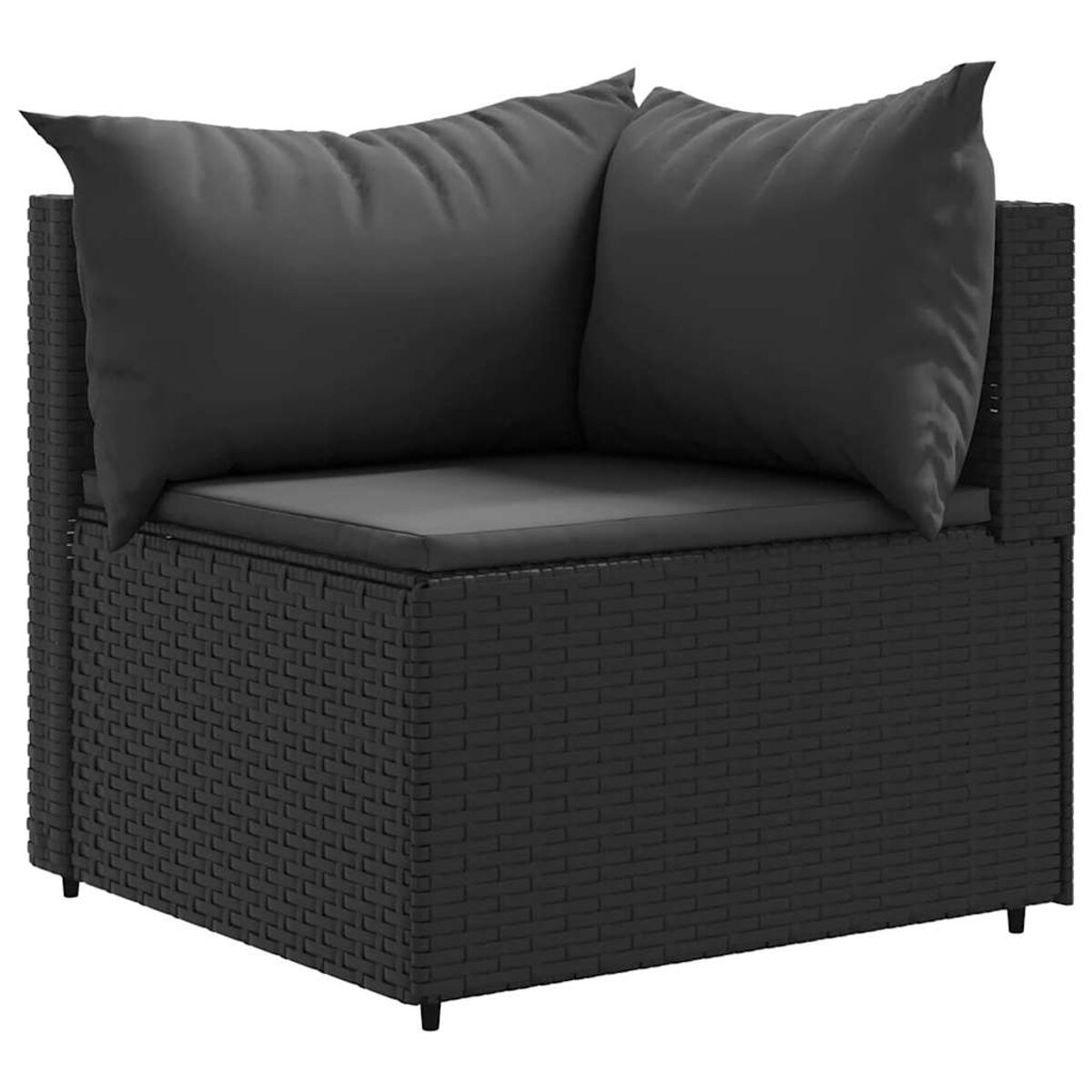 Silla de esquina de mimbre negro con dos cojines gris oscuro. La silla tiene forma cuadrada.