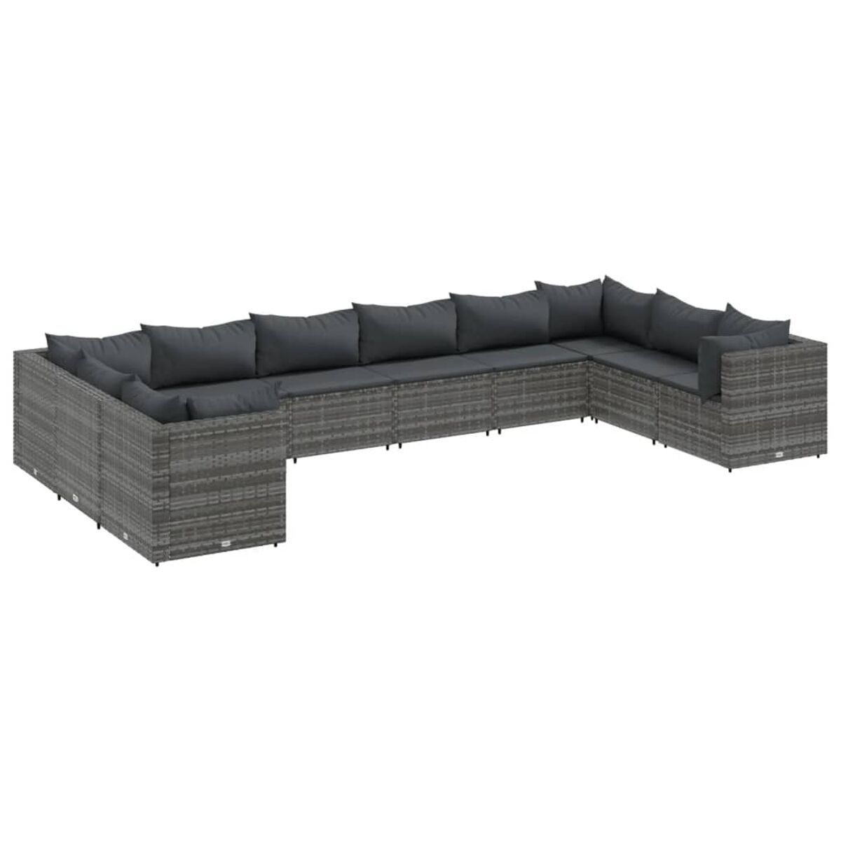 Graues Rattan-Ecksofa mit grauen Kissen. Es hat eine U-Form.