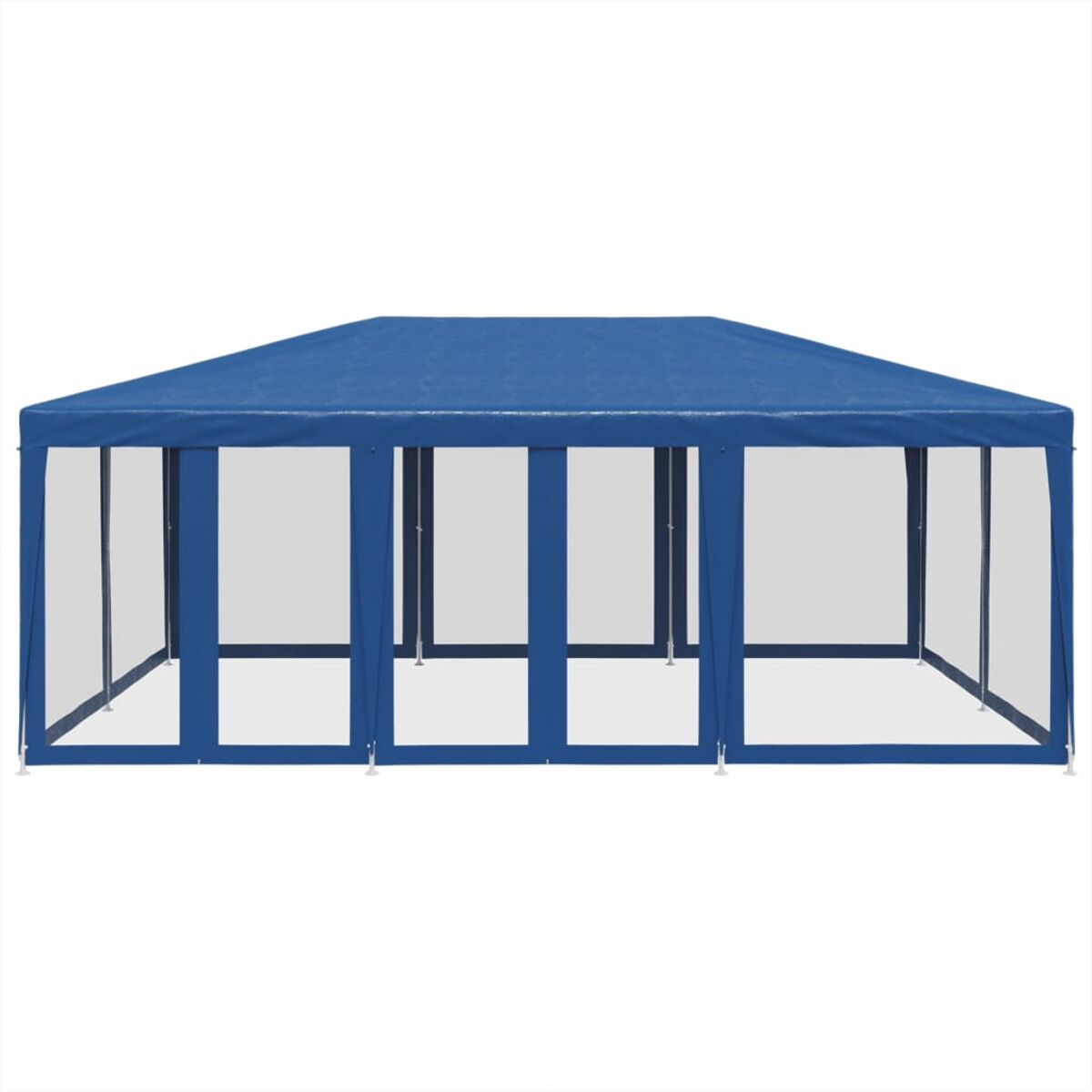 Gazebo rettangolare blu con pareti trasparenti e cornice bianca su sfondo bianco.