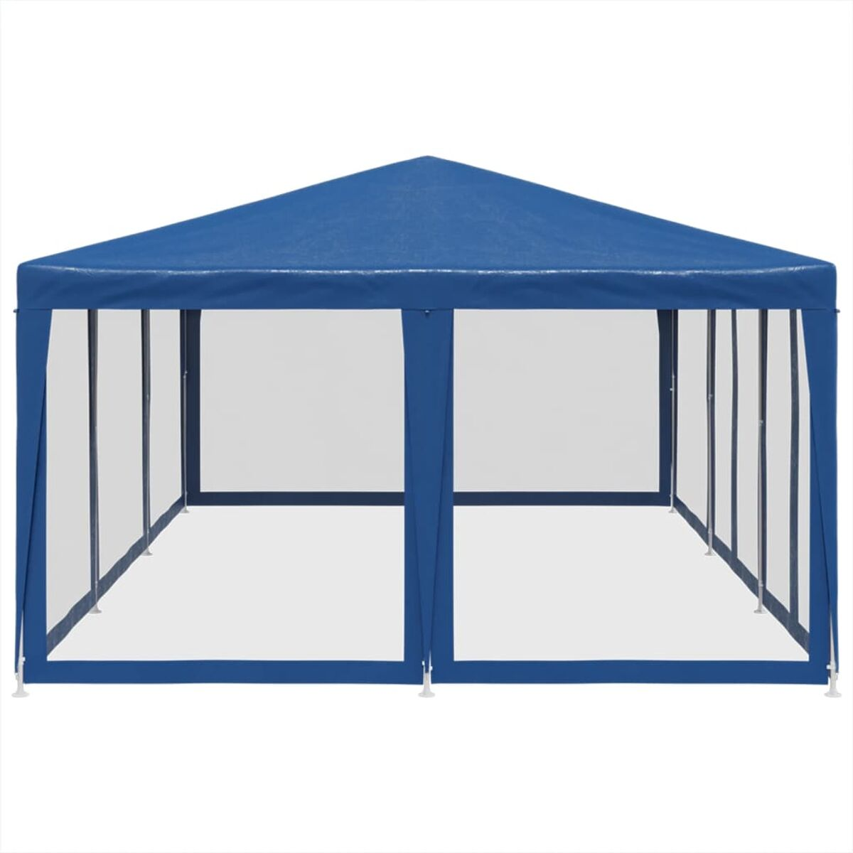Gazebo blu per esterni con pannelli laterali trasparenti. Interno bianco e cornice bianca. Situato su un patio.