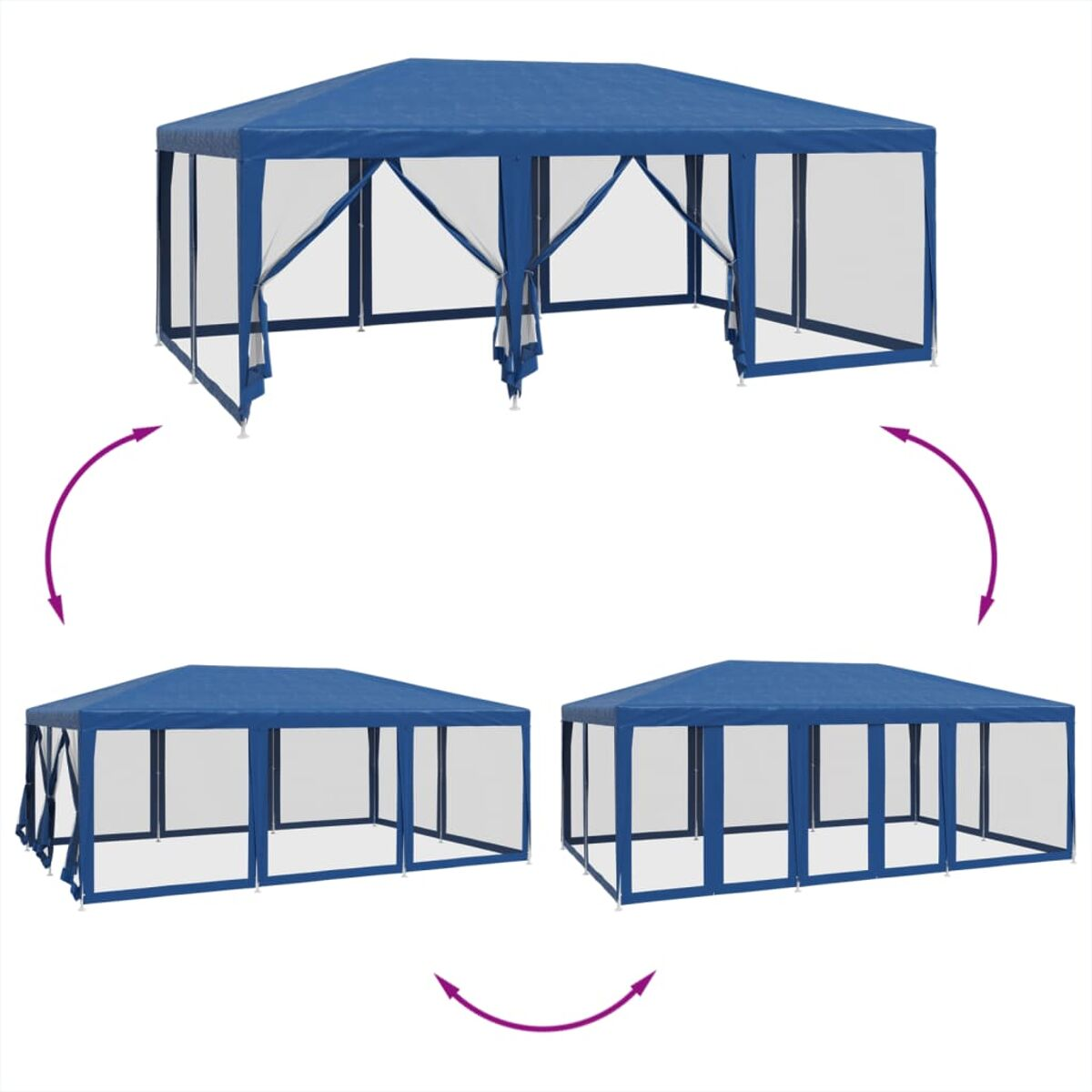 Gazebo blu in tre configurazioni, con lati trasparenti e frecce che indicano i cambiamenti.