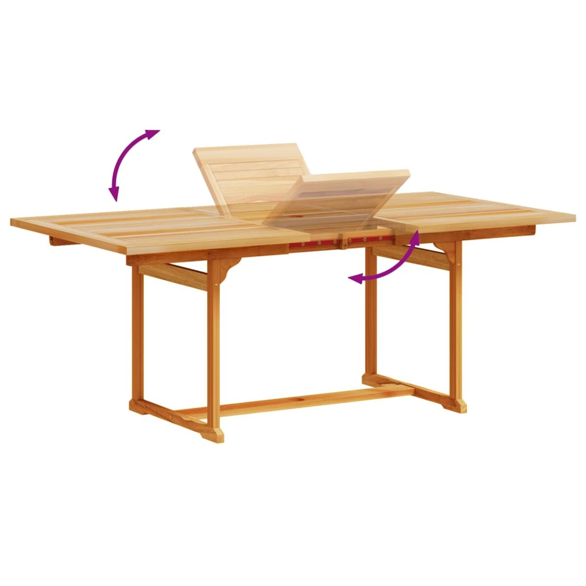 Un tavolo in legno con piano pieghevole, mostrato in fase di apertura. Gambe in legno sostengono il tavolo.