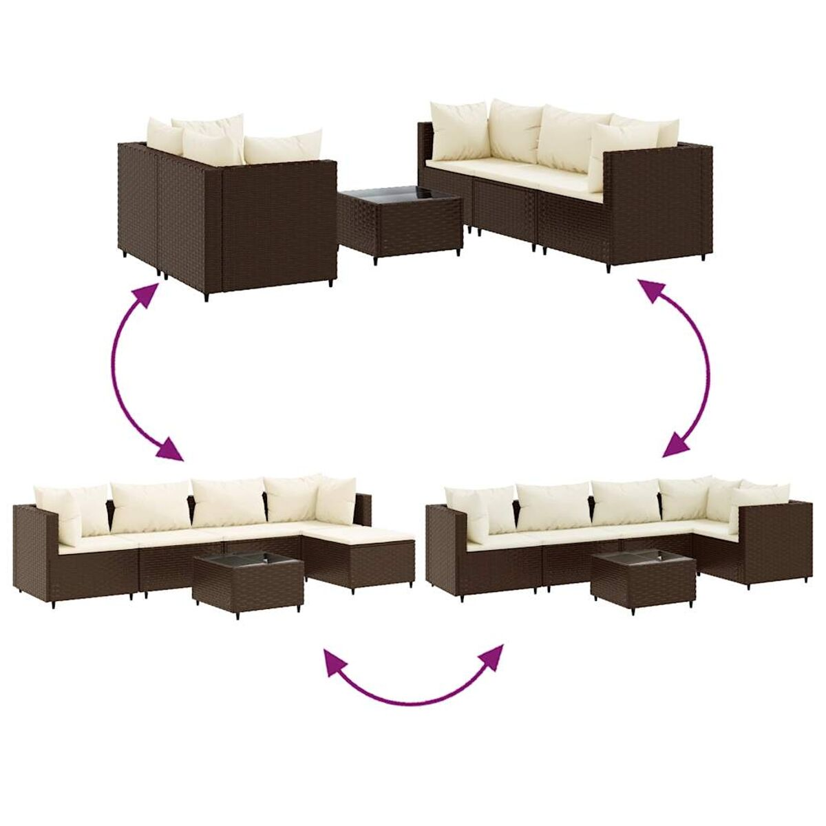 Juego de muebles de exterior de ratán marrón con diferentes configuraciones. Incluye sofás y mesas de centro.