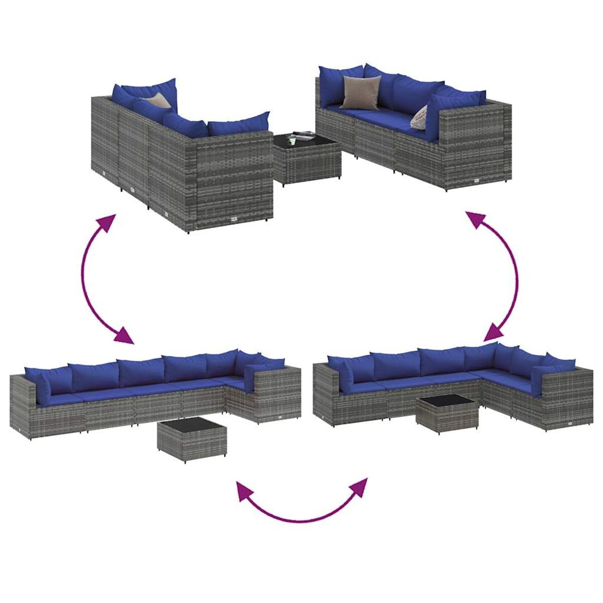 Diagramma che mostra diverse disposizioni di un divano componibile e tavolino da esterno in rattan grigio.