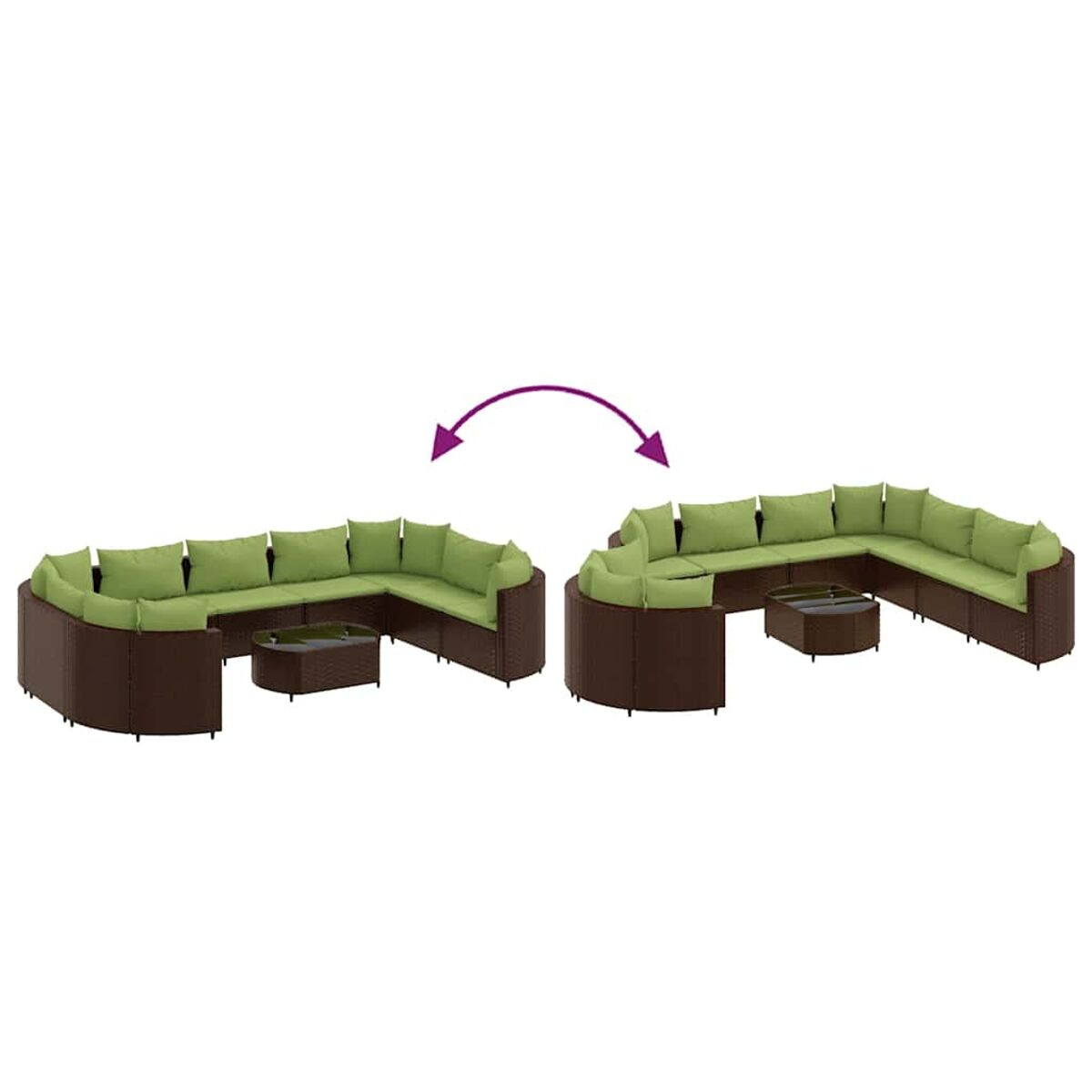 Zwei U-förmige Rattan-Sofagarnituren mit grünen und braunen Kissen. Pfeile zeigen Konfigurationsoptionen.