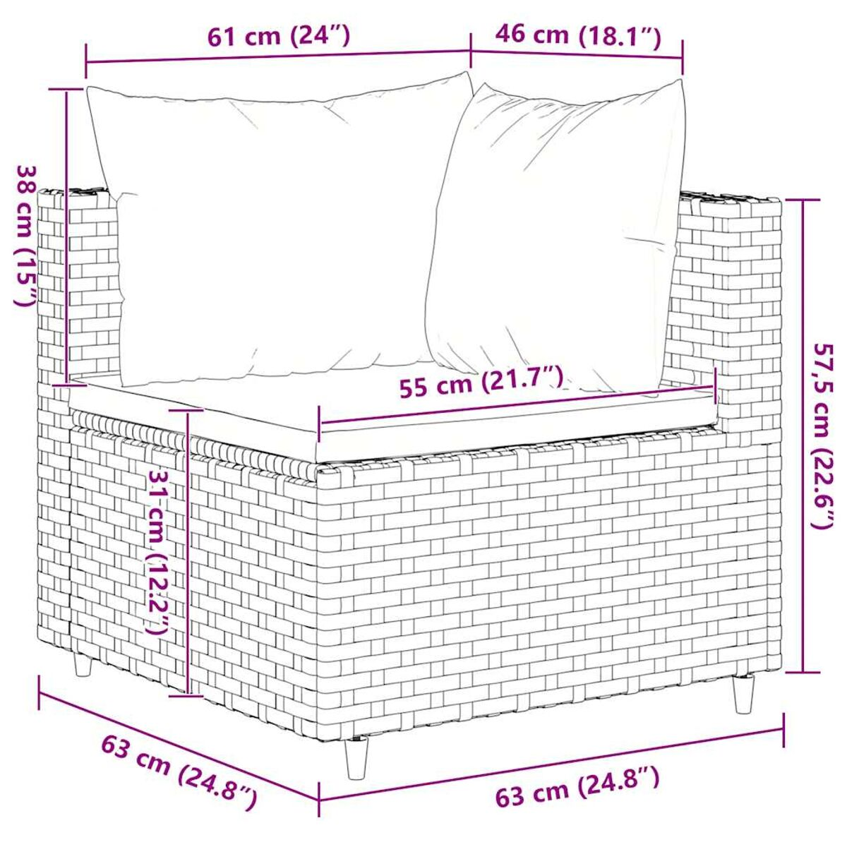 Sedia in rattan con cuscino, con dimensioni in cm e pollici.