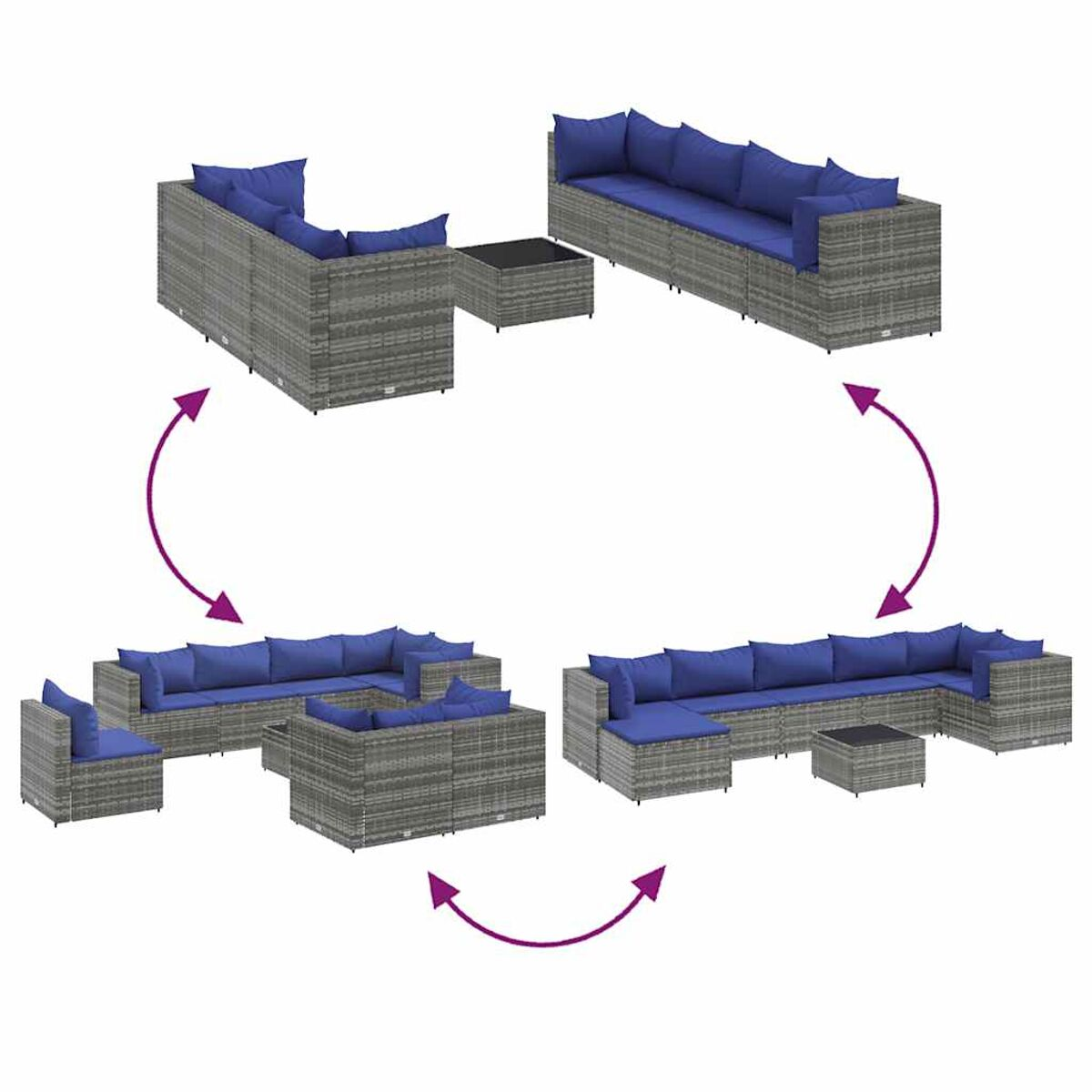 Mehrere Anordnungen eines grauen Outdoor-Sitzsets aus Korbgeflecht. Das Set umfasst einen Tisch und Stühle.