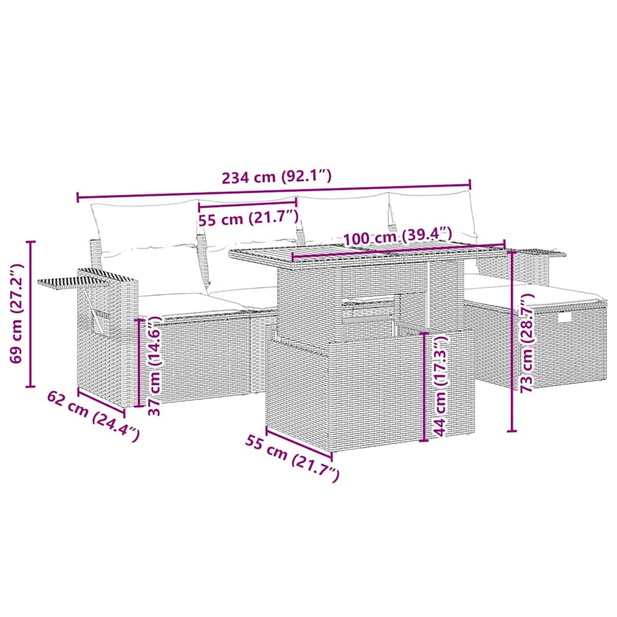 Set divano in rattan da esterno con dimensioni indicate in cm e pollici.