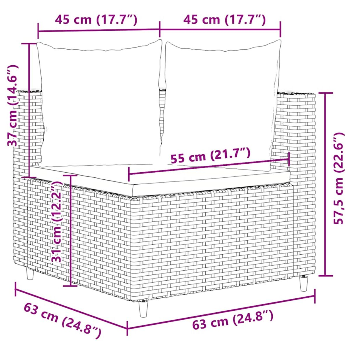 Una poltrona angolare in rattan con dimensioni in cm. Cuscino e cuscino beige.