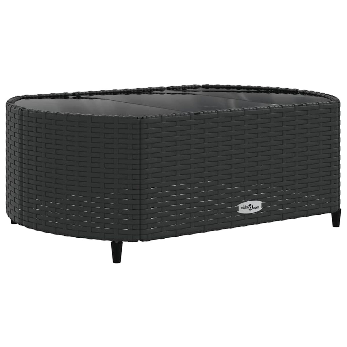 Tavolino ovale in vimini nero con piano in vetro. Logo VidaXL visibile.