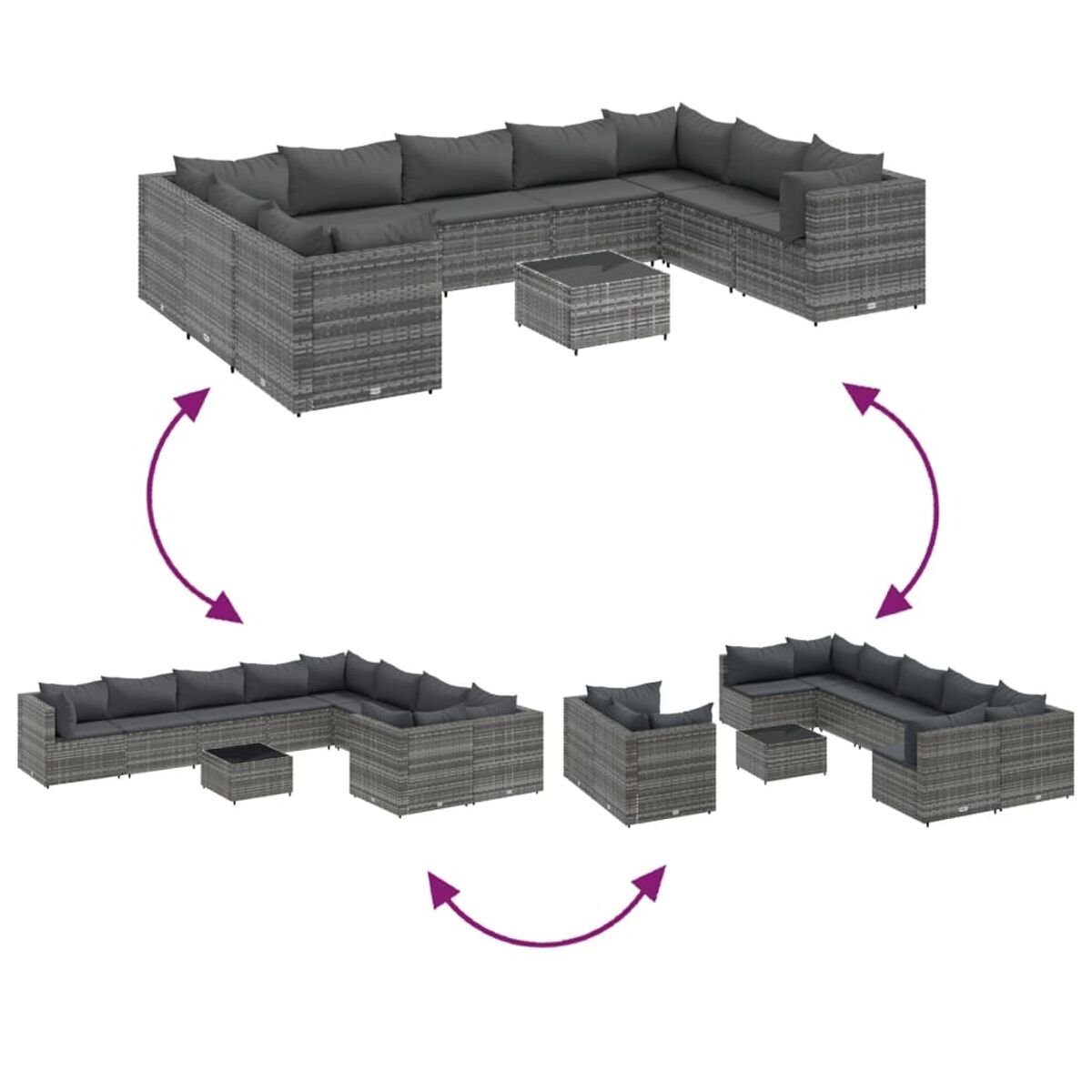 Set di mobili da esterno in rattan grigio, configurabile in vari layout, con cuscini e tavolino quadrato.