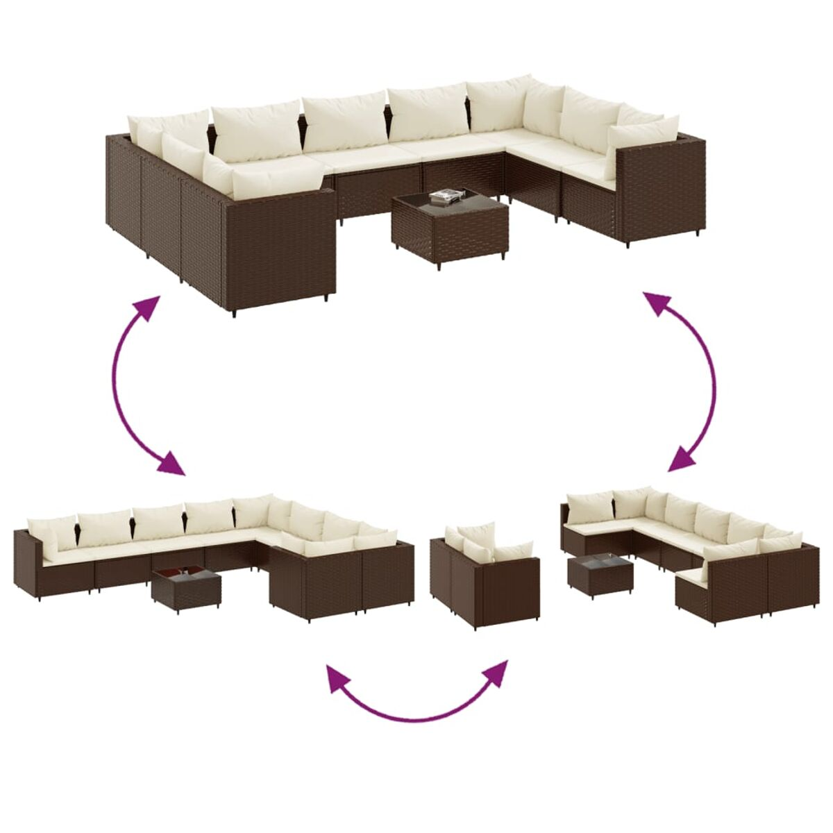 Braunes Rattan-Ecksofa mit cremefarbenen Kissen, Tisch mit Glasplatte. Pfeile zeigen verschiedene Konfigurationen.