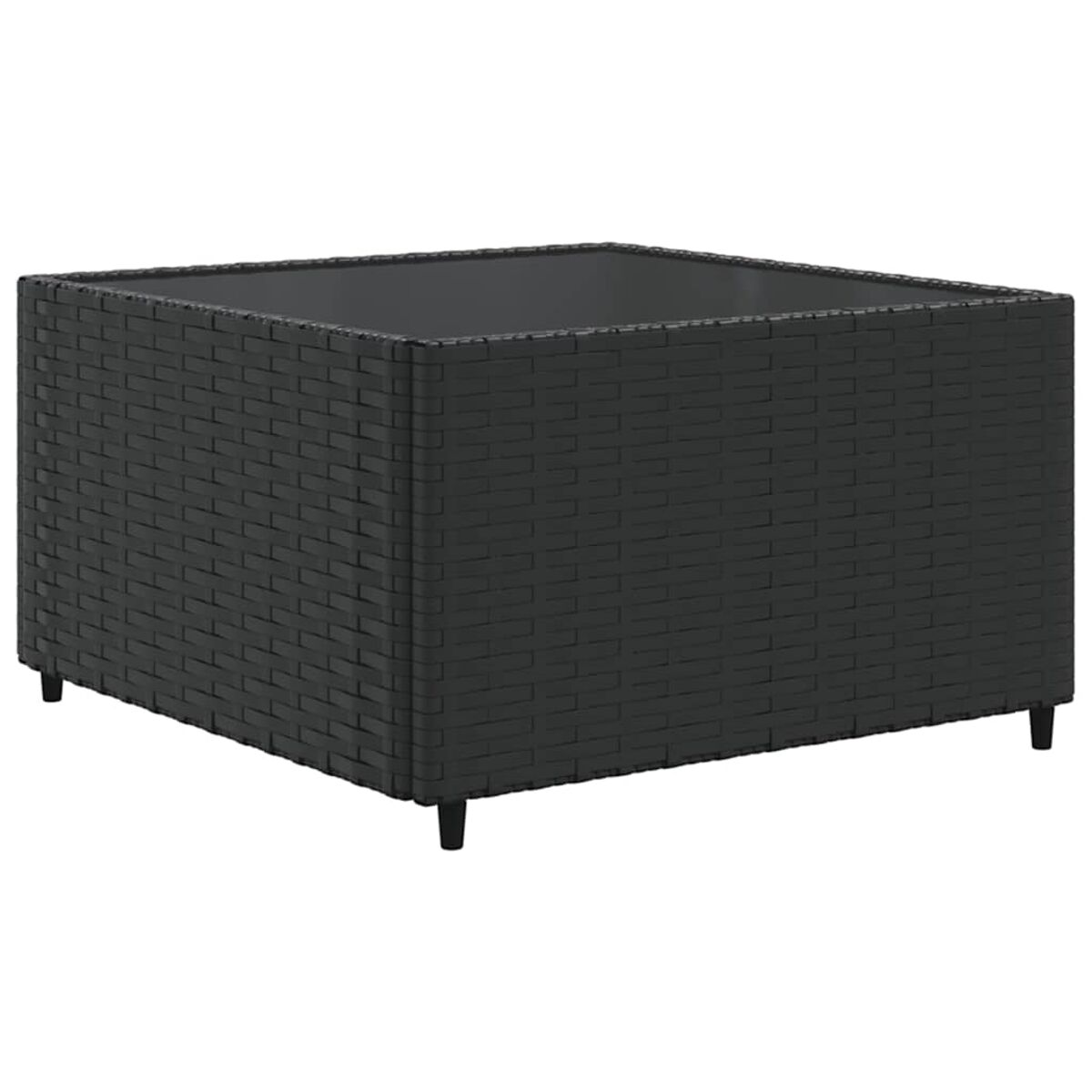 Tavolino quadrato in vimini nero. Il tavolo ha un design solido e squadrato e poggia su gambe corte.
