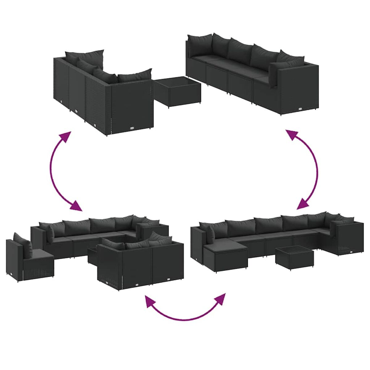 Mobili modulari da esterno in rattan nero in varie configurazioni.