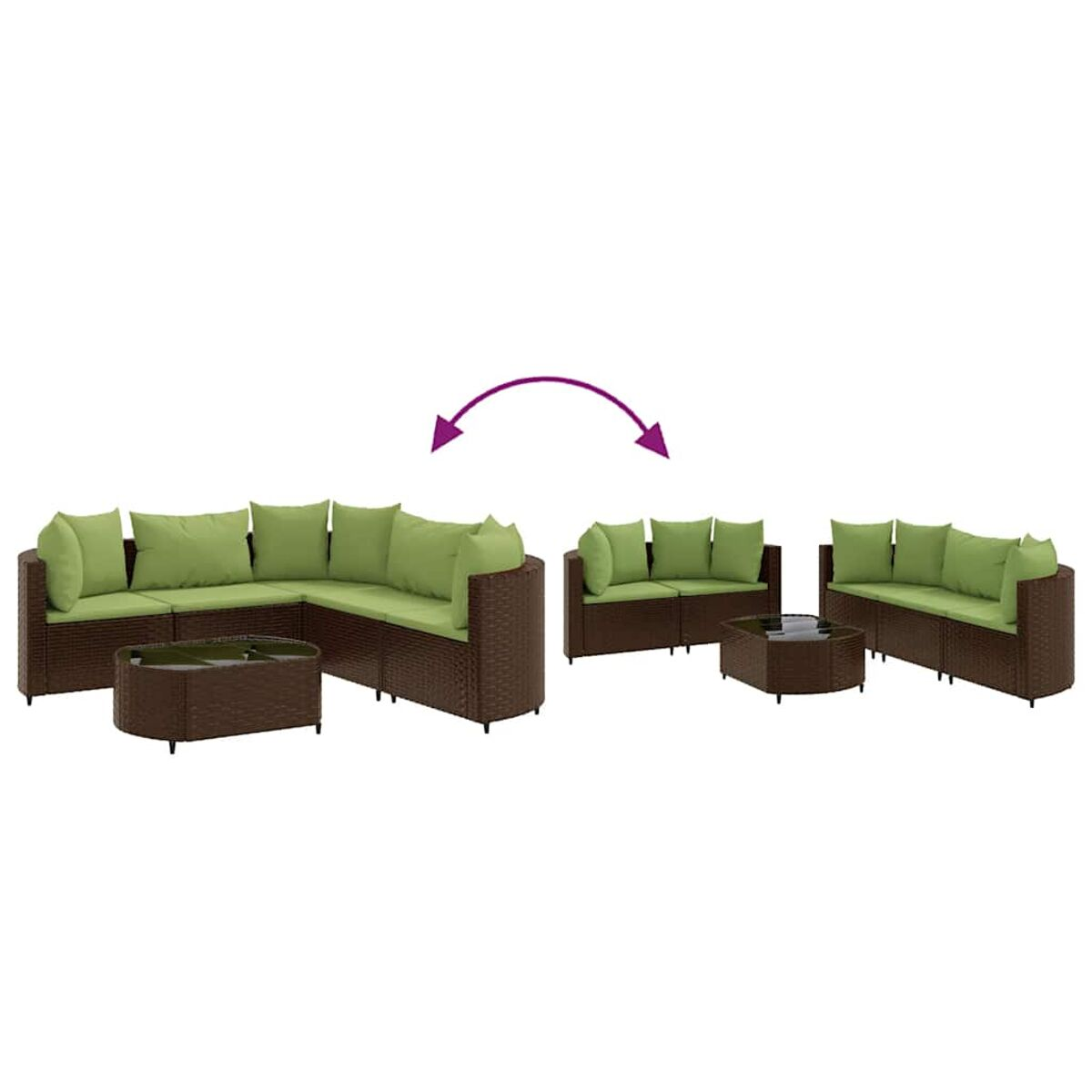 Outdoor-Sofaset. Braunes Korbgeflecht mit grünen Kissen. Zwei Konfigurationen mit einem Tisch gezeigt.