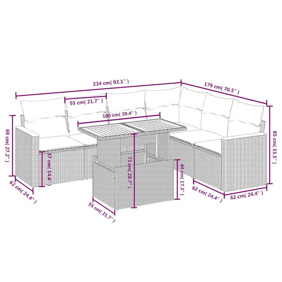 Geflochtene Outdoor-Ecke mit Maßangaben. Inklusive Tisch. Beige Kissen sind gezeigt.