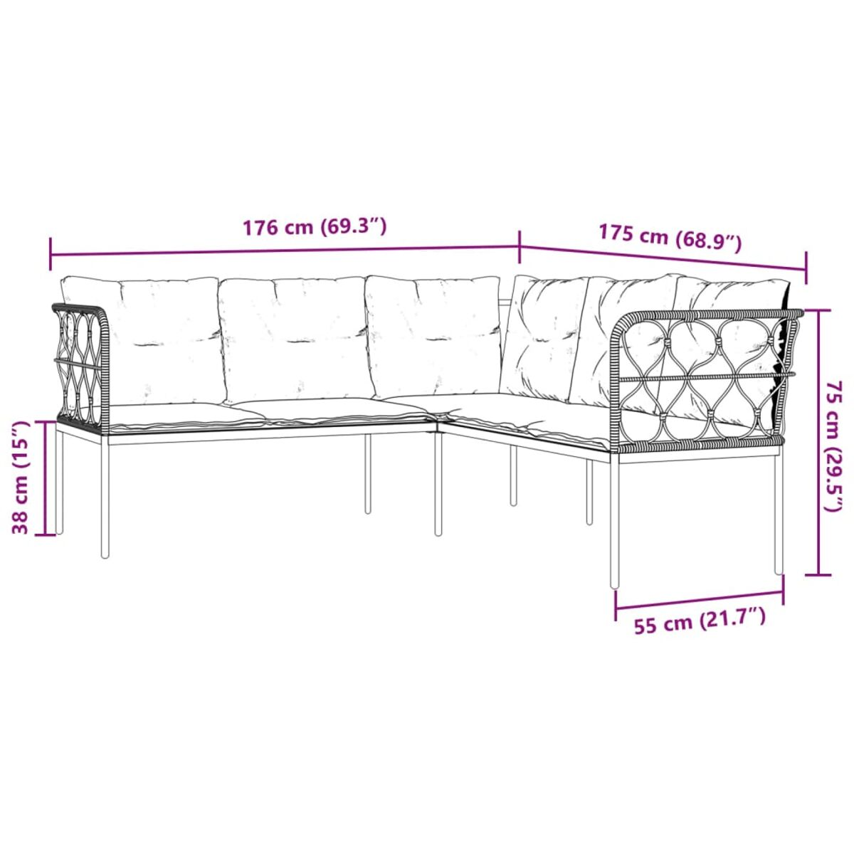 L-förmiges Outdoor-Sofa mit Abmessungen in Zentimetern und Zoll.