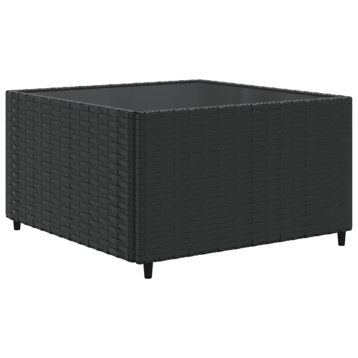 Tavolino quadrato nero in materiale intrecciato, con superficie scura e gambe corte.