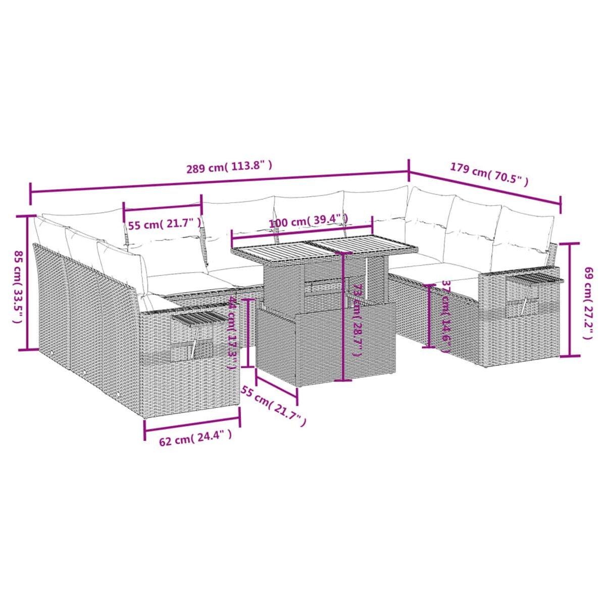 Set di mobili da esterno con dimensioni. Include tavolo e divano con cuscini.