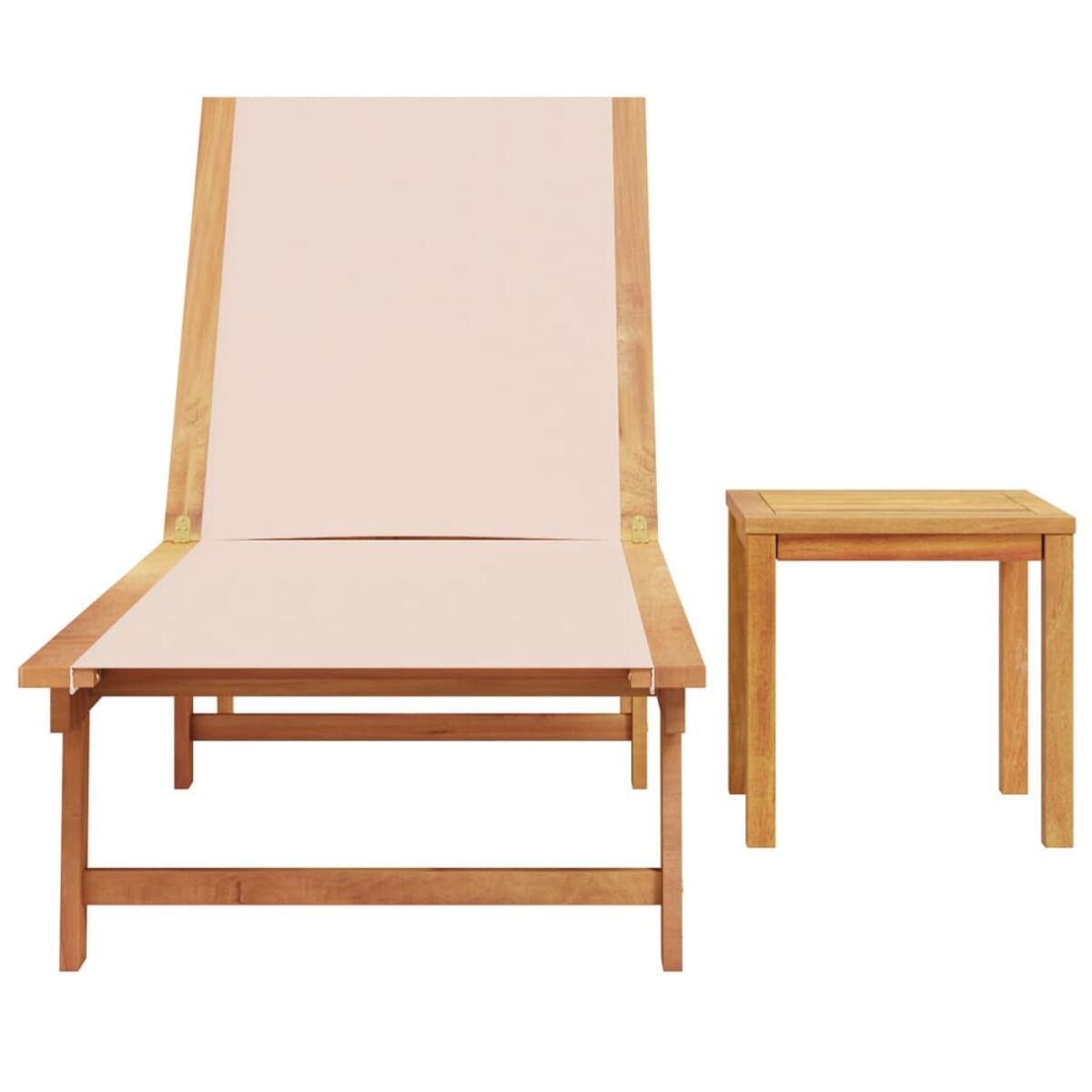 Holzliege mit weißem Stoff. Daneben ein kleiner Beistelltisch aus Holz.