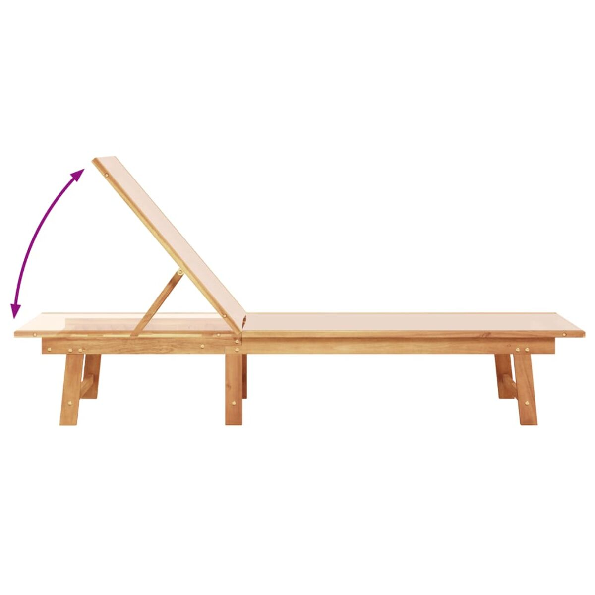 Lettino prendisole in legno con schienale regolabile. È in posizione orizzontale.