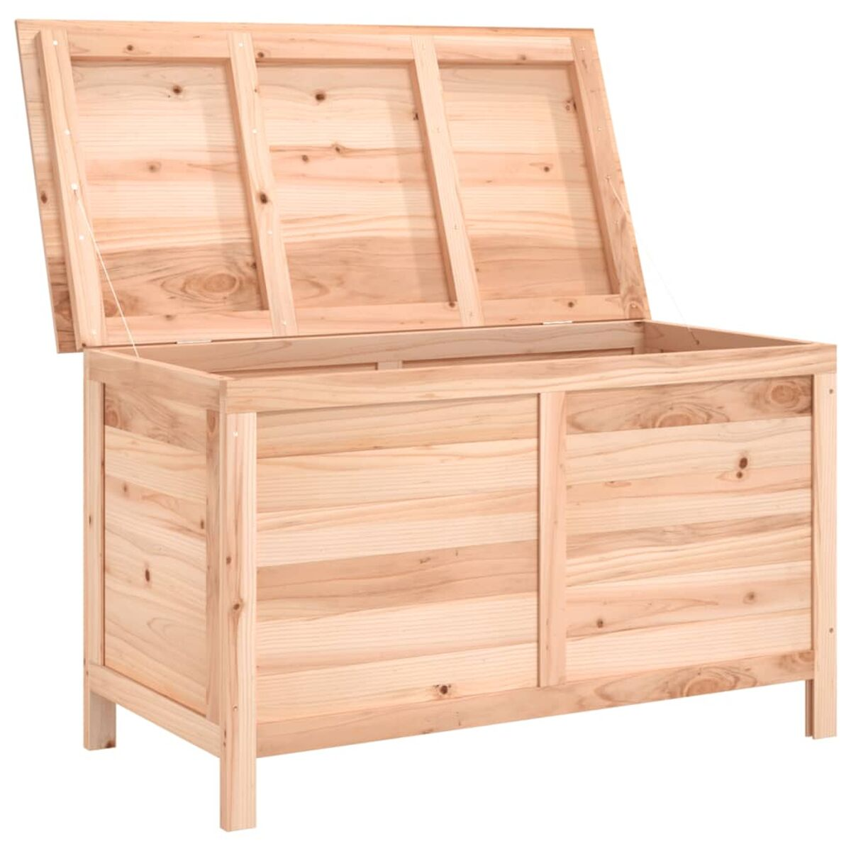 Eine Holzkiste mit offenem Deckel, die das Innere zeigt.