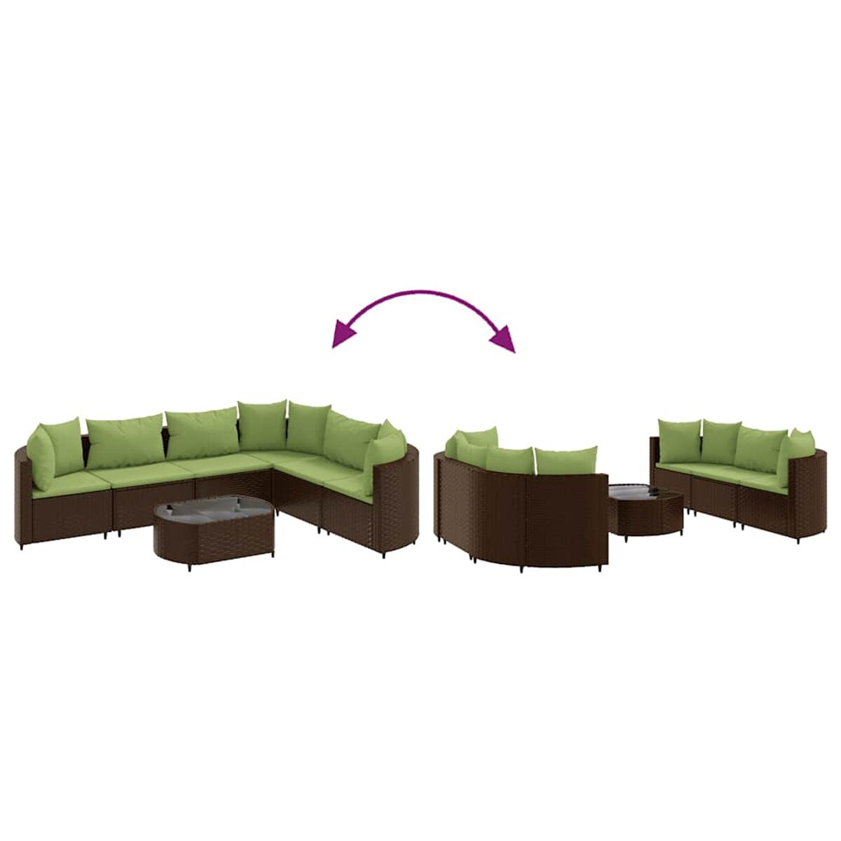 Outdoor-Ecksofa mit braunem Korbmöbelrahmen, grünen Kissen und einem Couchtisch, verschiedene Konfigurationen.
