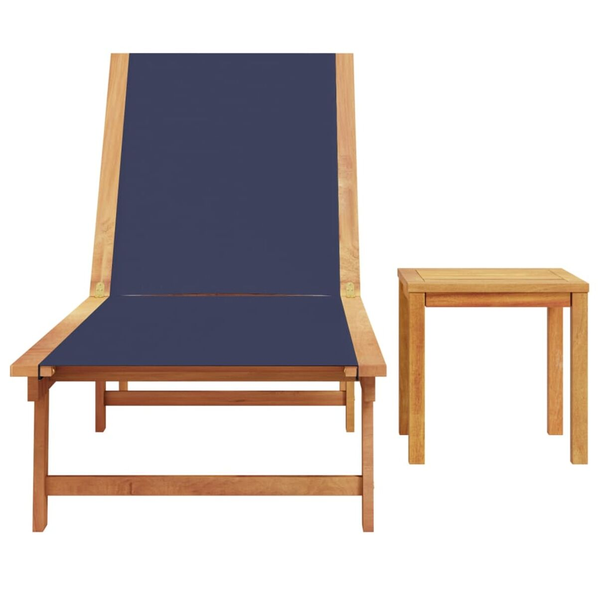 Lettino in legno e tavolino, entrambi marroni, su sfondo bianco.