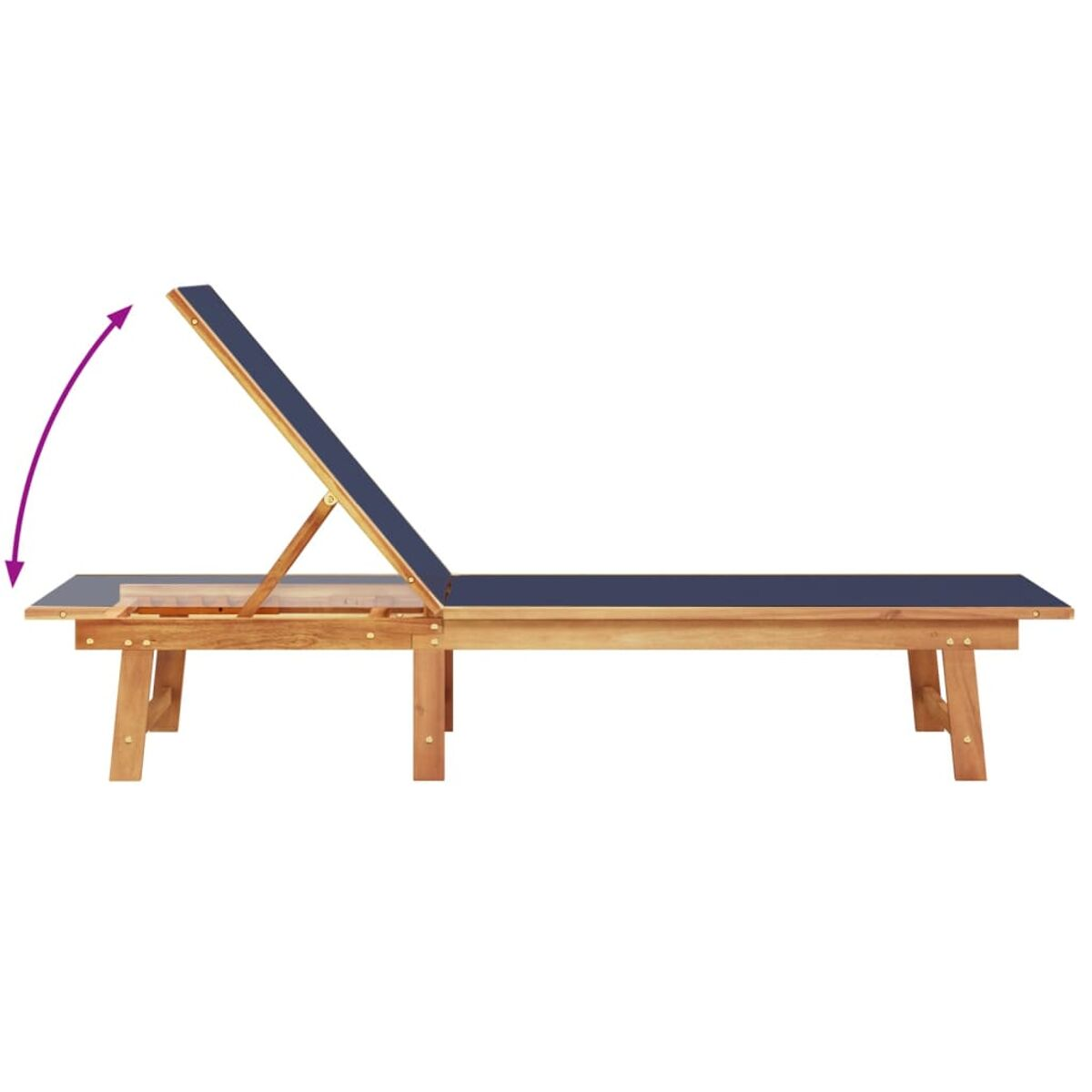 Lettino prendisole in legno con schienale regolabile, su sfondo bianco, con una freccia.