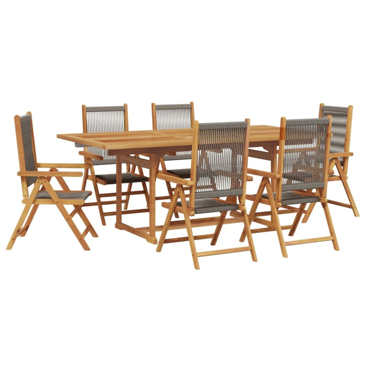 Set da pranzo da esterno in legno con tavolo rettangolare e sei sedie.