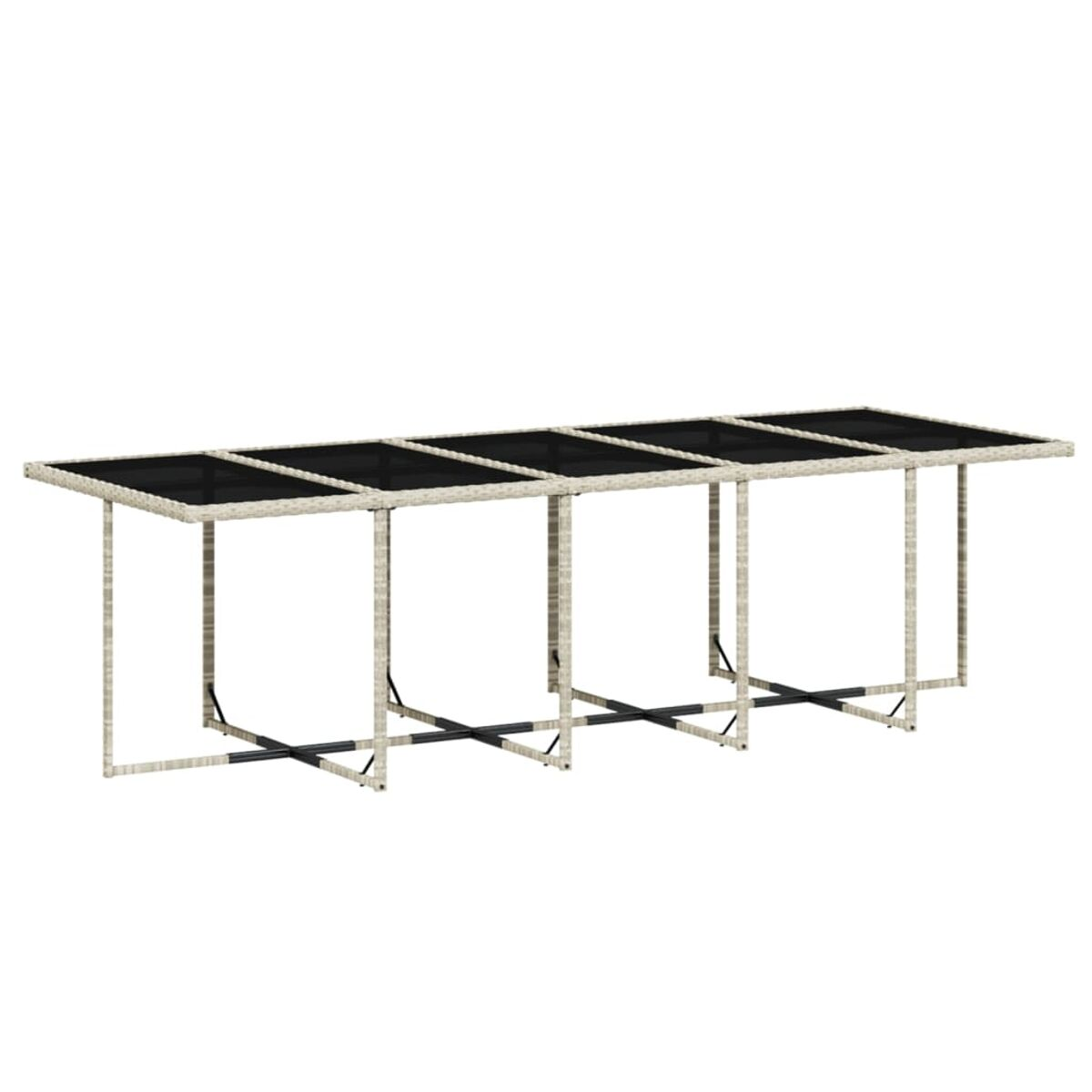Tavolo da pranzo lungo da esterno con piano nero e telaio beige, supporti a forma di X.
