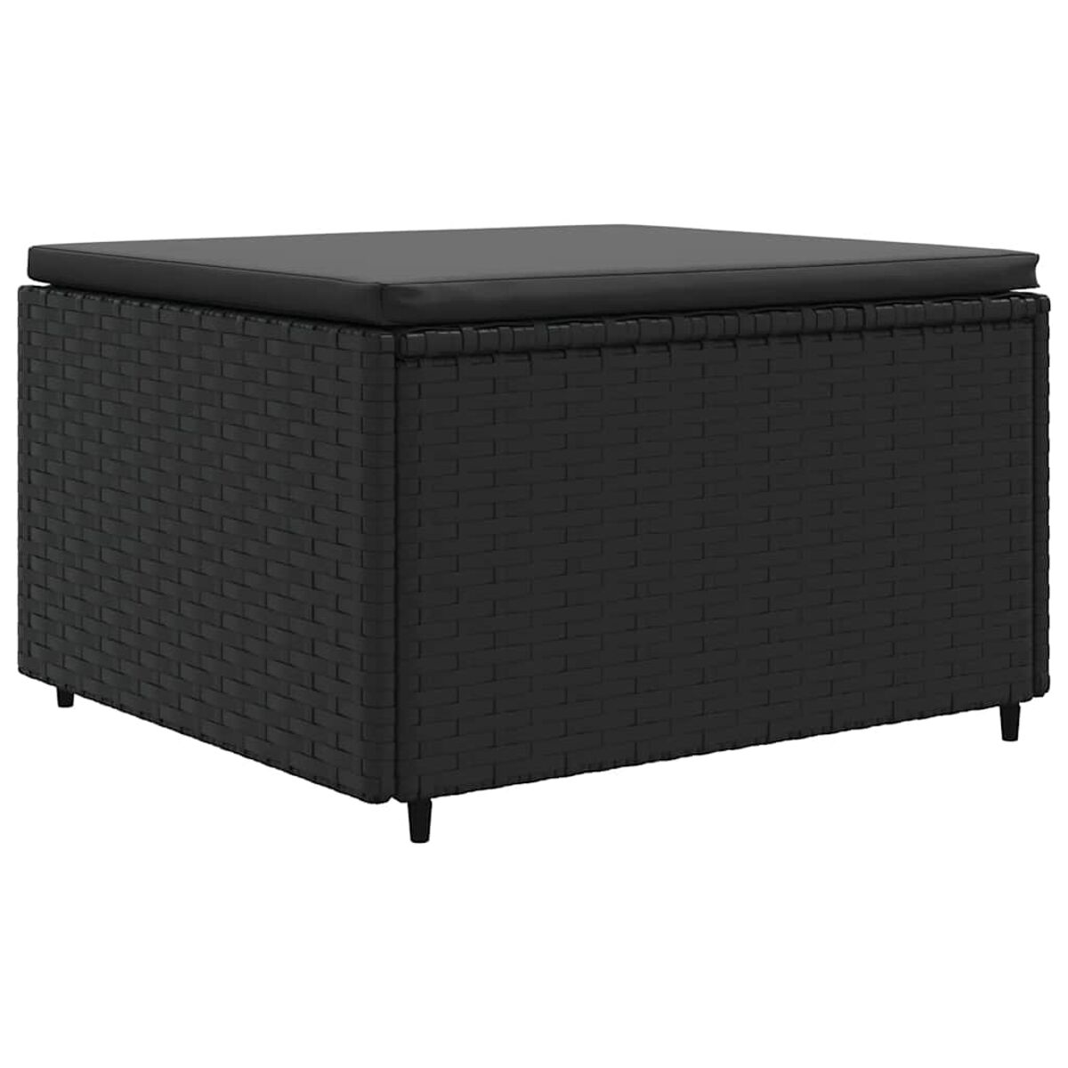 Pouff quadrato nero con trama intrecciata nera, cuscino nero e gambe nere.