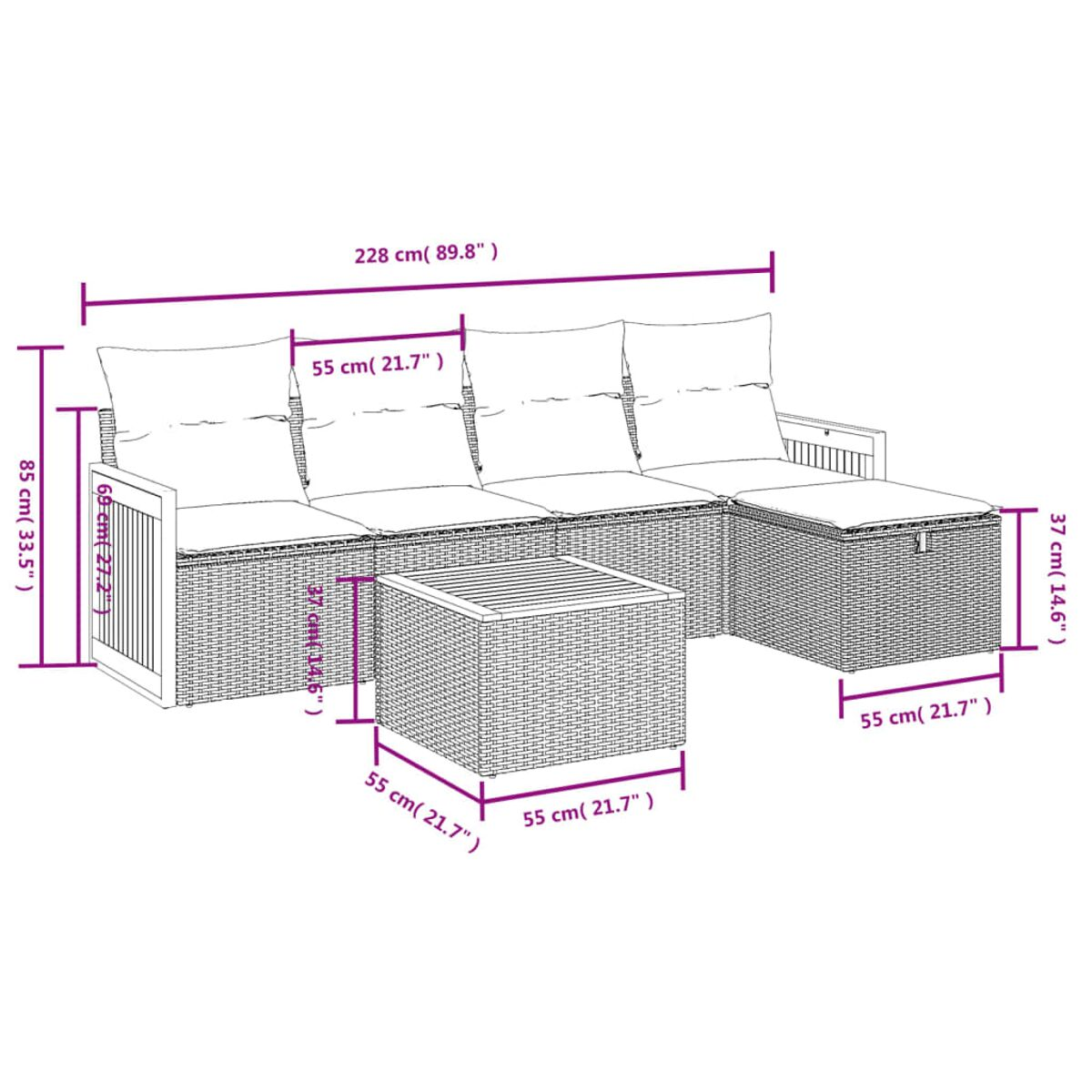 Geflochtenes Outdoor-Set mit Abmessungen. Sofa, Ottomane und quadratischer Tisch. Weißer Hintergrund. Keine Personen.