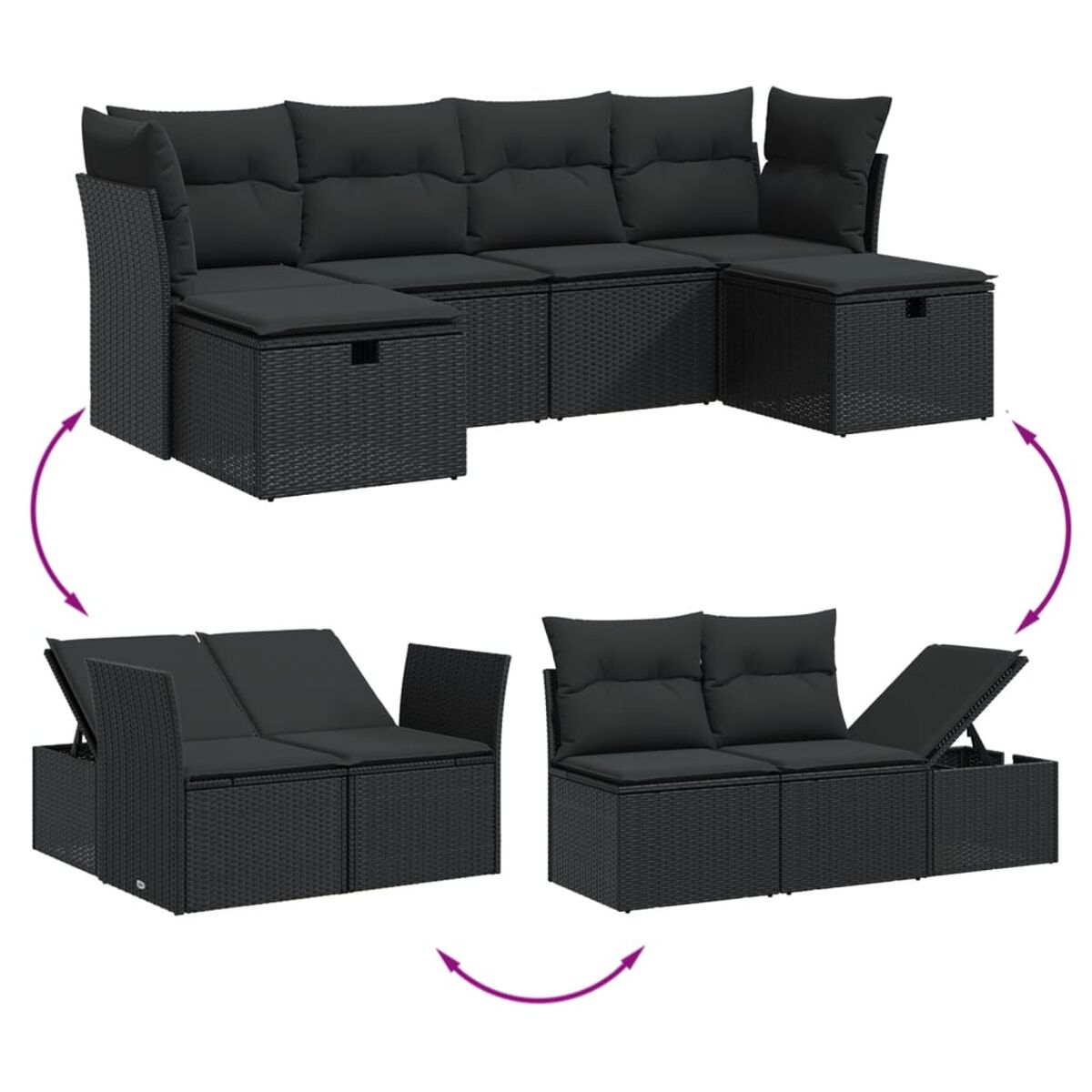 Schwarzes Ecksofa aus Korbgeflecht in verschiedenen Konfigurationen. Pfeile zeigen die Wandelbarkeit.