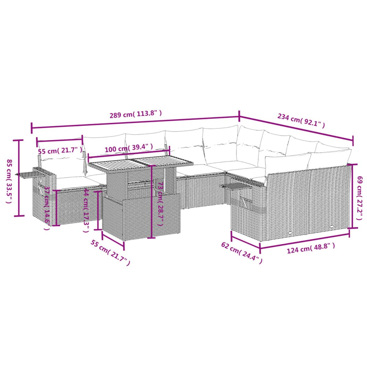 Diagramm mit Abmessungen eines Rattan-Outdoor-Sofa- und Tischsets.