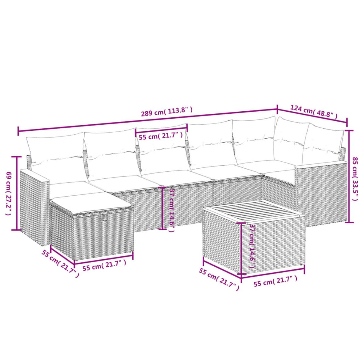 Geflochtener Outdoor-Schnitt mit Maßen. Kissen und Couchtisch sichtbar. Weißer Hintergrund.