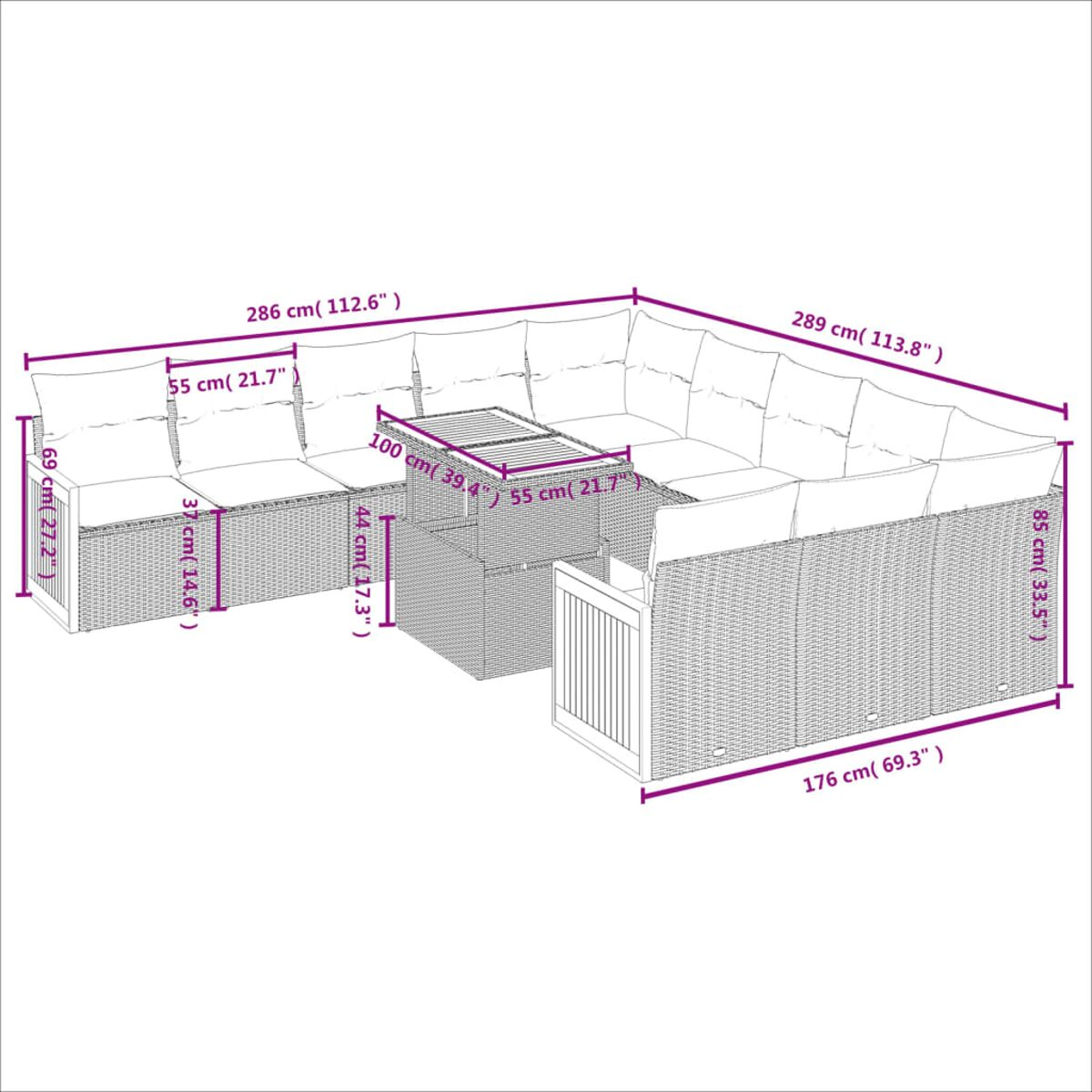 Diagramm eines Ecksofas mit Abmessungen in cm. Inklusive Tisch. Weißer Hintergrund.