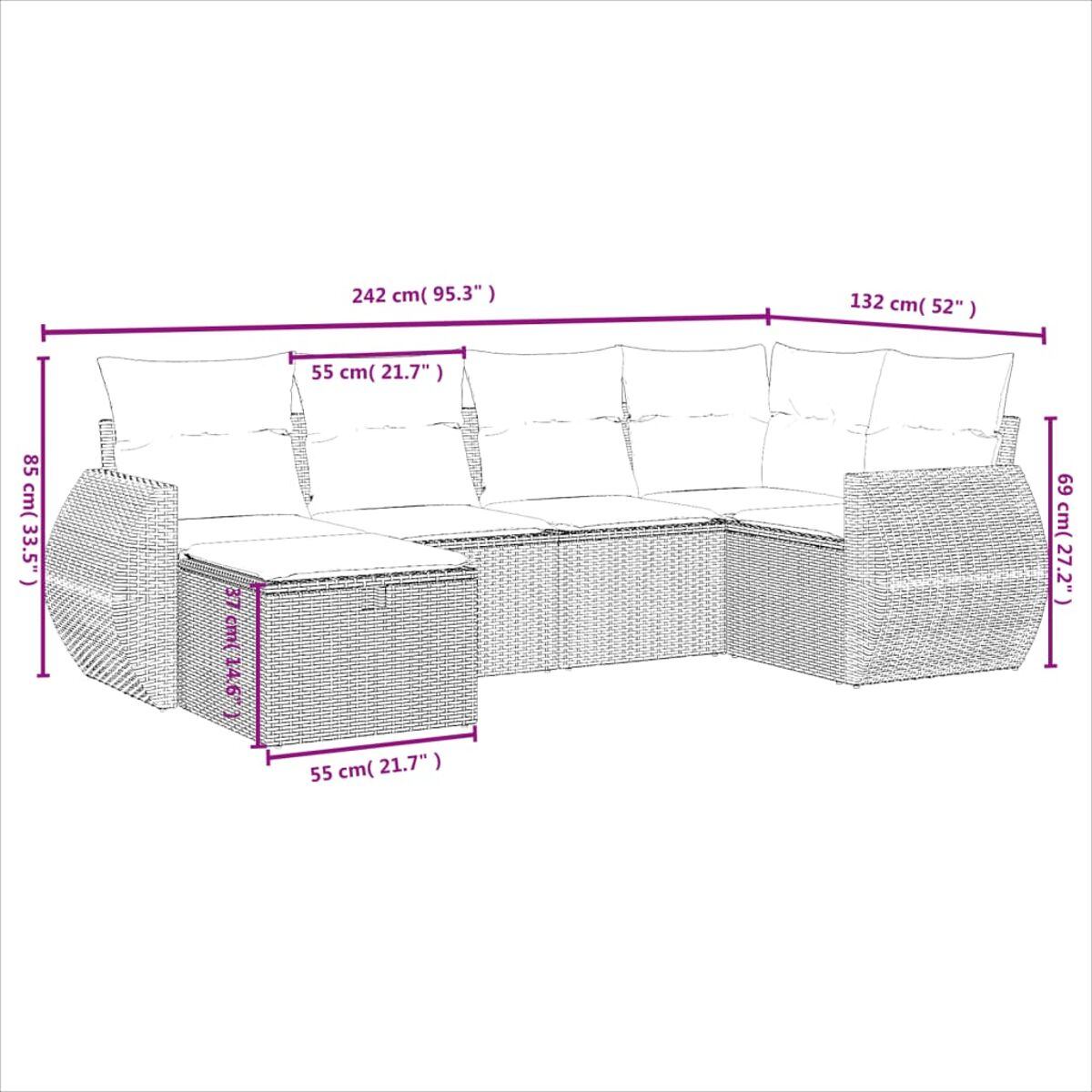 Geflochtenes Outdoor-Ecksofa mit roten Kissen.