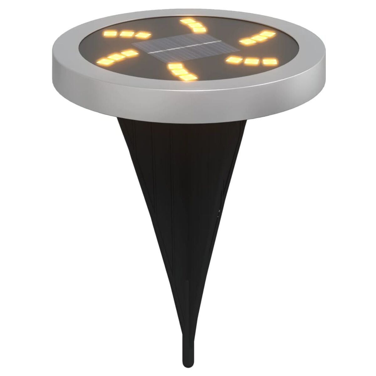 Solarbetriebene Gartenleuchte. Silberner Deckel mit mehreren gelben Lichtern. Schwarze Kegelformbasis.