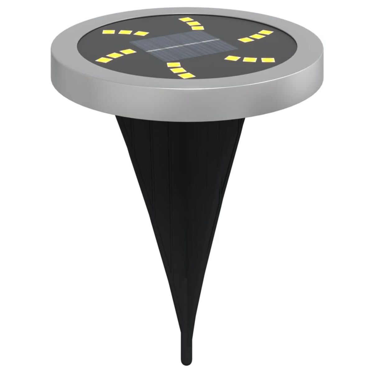 Ein silber-schwarzes Solar-Gartenlicht mit spitzer Basis, vor weißem Hintergrund.
