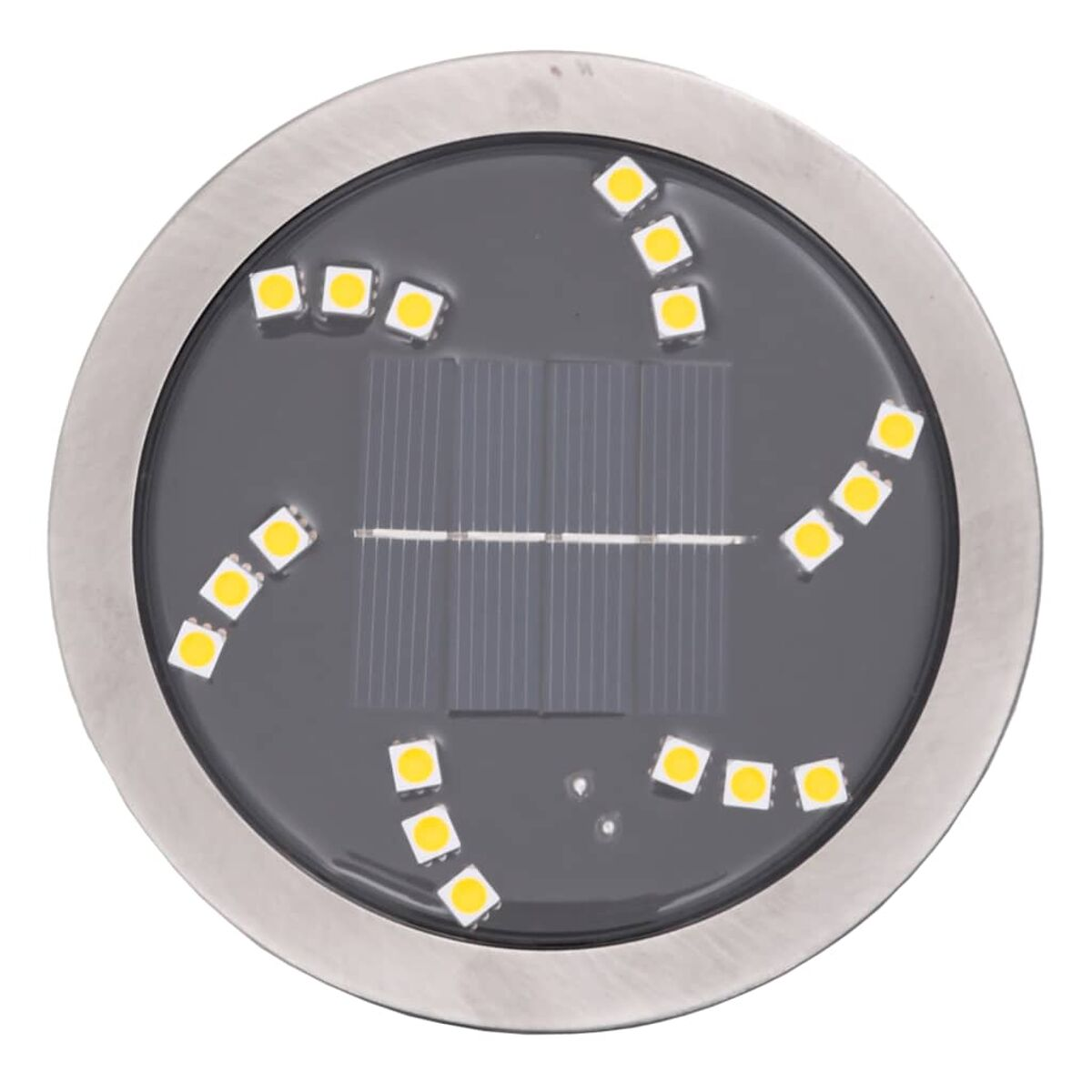 Solarbetriebenes Bodenlicht mit silbernem Rahmen und gelben LEDs auf dunkler Oberfläche.