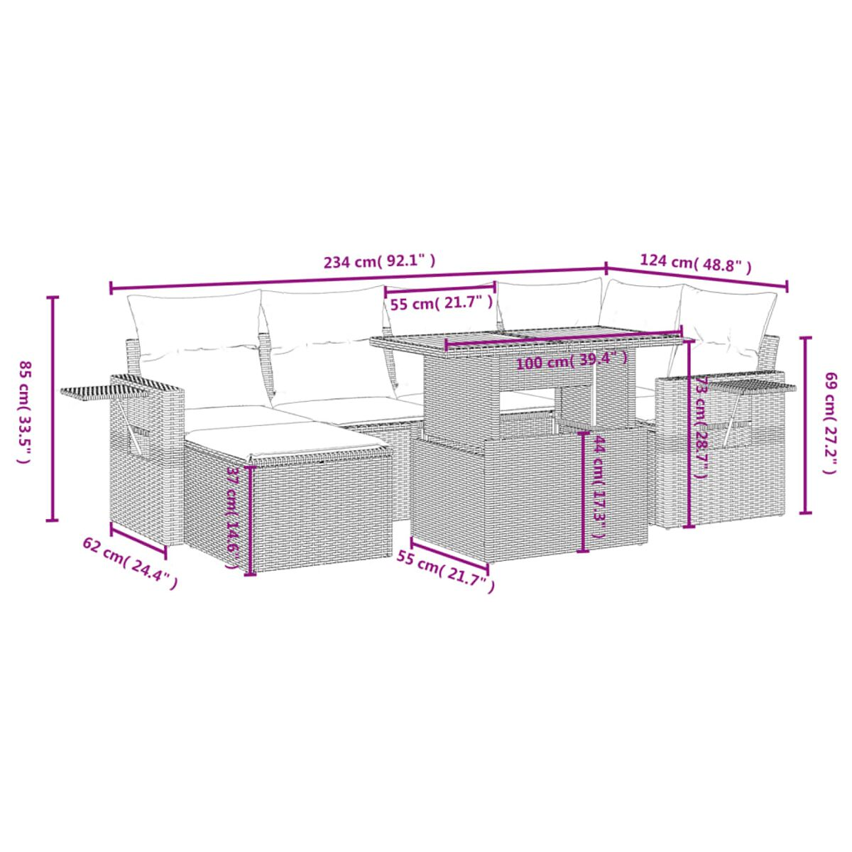 Diagramma delle dimensioni di un set di mobili da esterno, tra cui divano, tavolo e pouf, con misure in cm.