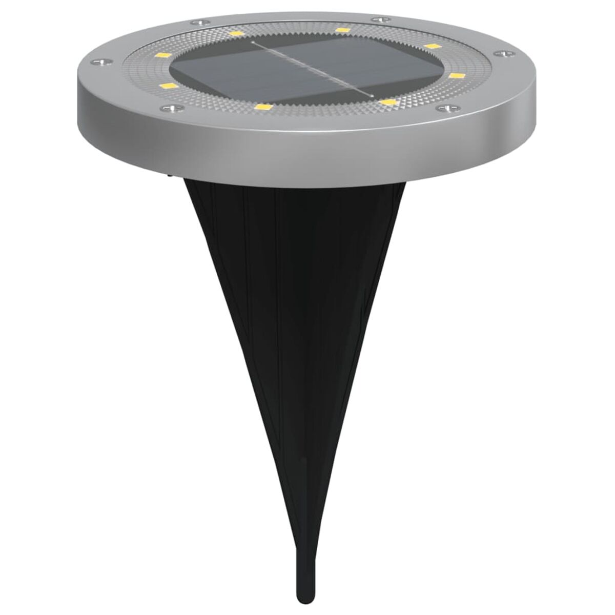 Silberne Solar-Gartenleuchte mit schwarzem Pfahl. Das Licht hat gelbe LEDs.